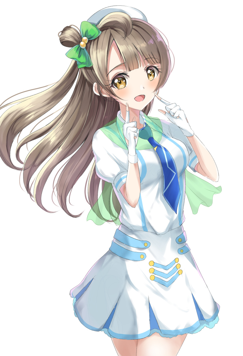 1girl :d bangs beret blue_neckwear blush bow breasts brown_eyes brown_hair commentary_request eyebrows_visible_through_hair fingerless_gloves gloves green_bow hair_bow hands_up hat highres long_hair looking_at_viewer love_live! love_live!_school_idol_project minami_kotori necktie one_side_up open_mouth pleated_skirt puffy_short_sleeves puffy_sleeves shirt short_sleeves simple_background sin_(sin52y) skirt small_breasts smile solo very_long_hair white_background white_gloves white_headwear white_shirt white_skirt