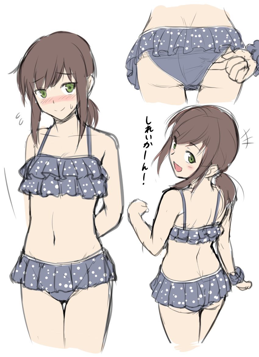 1girl adjusting_clothes adjusting_swimsuit arms_behind_back bikini black_hair blue_bikini blush chaigidhiell commentary_request cowboy_shot frilled_bikini frills fubuki_(kantai_collection) green_eyes highres kantai_collection long_hair looking_at_viewer low_ponytail multiple_views nose_blush polka_dot polka_dot_bikini ponytail short_ponytail sidelocks simple_background standing swimsuit thigh_gap white_background