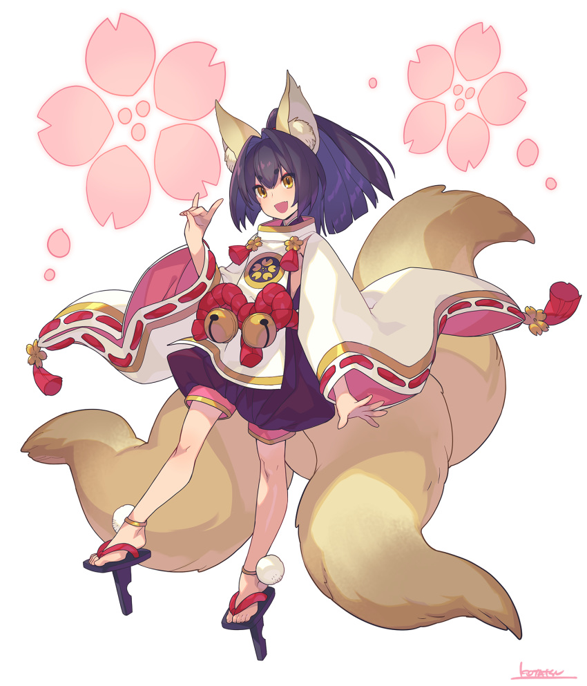 1girl :d animal_ear_fluff animal_ears arm_at_side bell fang fox_ears fox_shadow_puppet fox_tail full_body geta hand_up highres inu_no_sakuya japanese_clothes jingle_bell kitsune kotatsu_(g-rough) long_sleeves looking_at_viewer multiple_tails open_mouth ponytail puffy_shorts purple_hair short_eyebrows shorts signature smile solo tail tassel tengu-geta thick_eyebrows wide_sleeves yellow_eyes