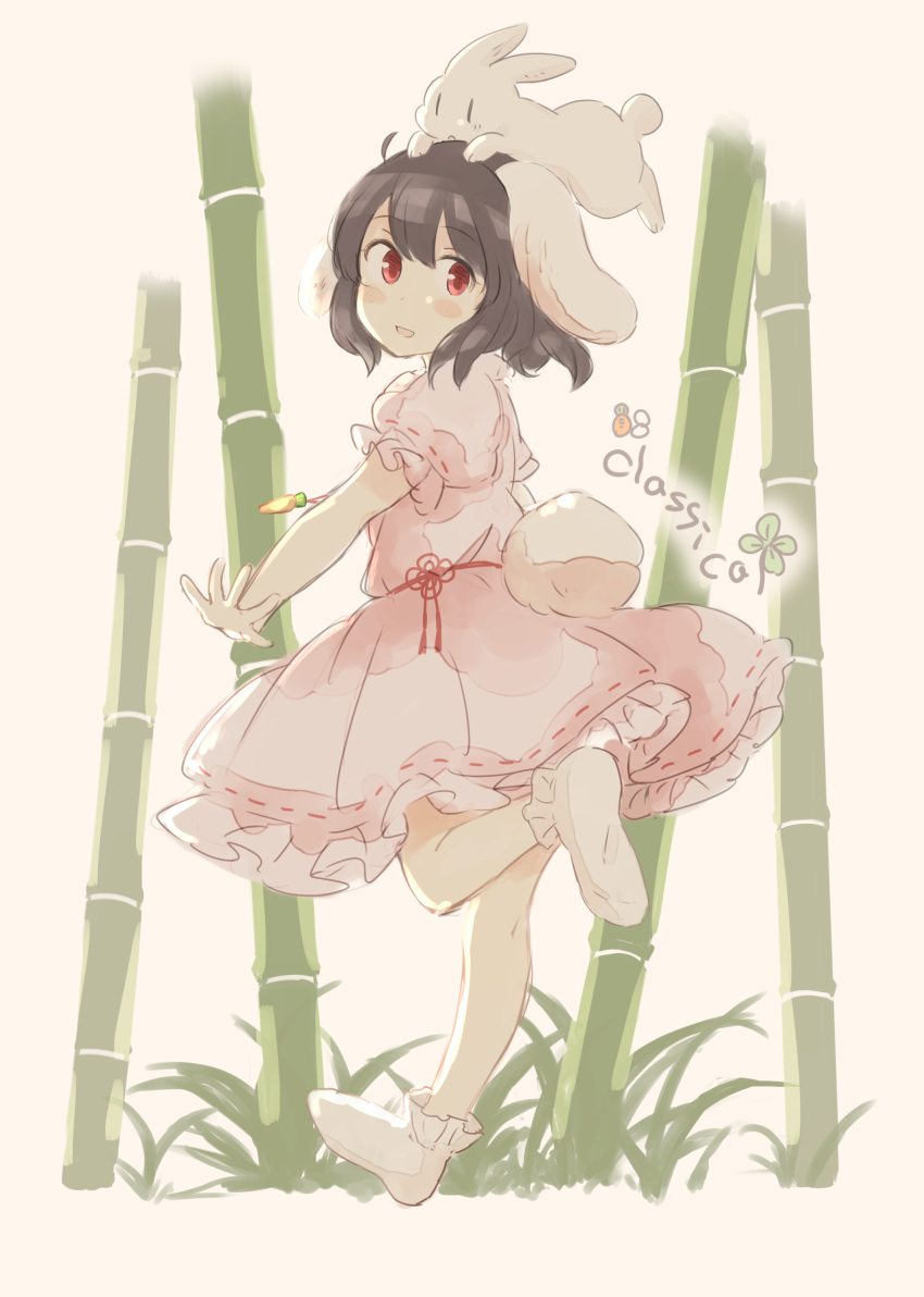 1girl :d absurdres animal_ears bamboo bamboo_forest blush_stickers brown_hair bunny_tail carrot_necklace commentary_request dress eyebrows_visible_through_hair forest from_side full_body highres inaba_tewi inazakura00 looking_at_viewer nature open_mouth pink_dress puffy_short_sleeves puffy_sleeves rabbit rabbit_ears red_eyes short_sleeves smile solo tail touhou white_legwear