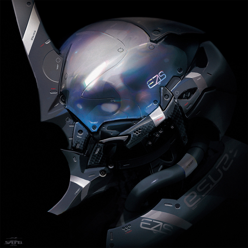 black_background close-up esuthio from_side helmet highres horns looking_ahead mecha no_humans original robot science_fiction single_horn