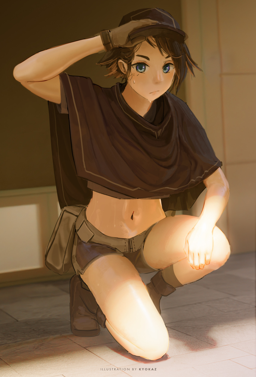 1girl absurdres baseball_cap blue_eyes commentary english_commentary faiz_azhar gloves hat highres looking_at_viewer navel one_knee original poncho riva_isamu short_hair short_shorts shorts single_glove sweat