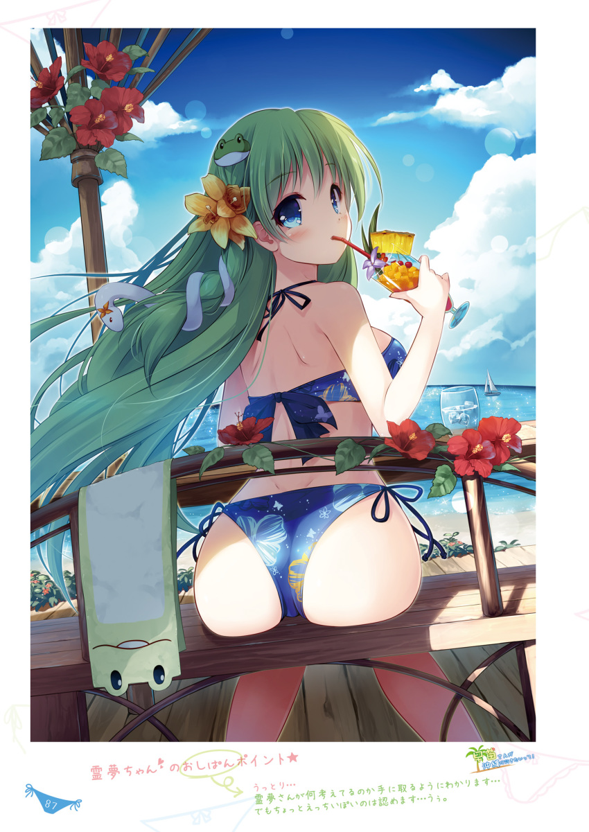 1girl absurdres bangs bikini blue_eyes blue_skirt breasts eyebrows_visible_through_hair green_eyes hair_ornament highres incredibly_absurdres kochiya_sanae long_hair medium_breasts miyase_mahiro page_number simple_background skirt snake_hair_ornament solo swimsuit touhou