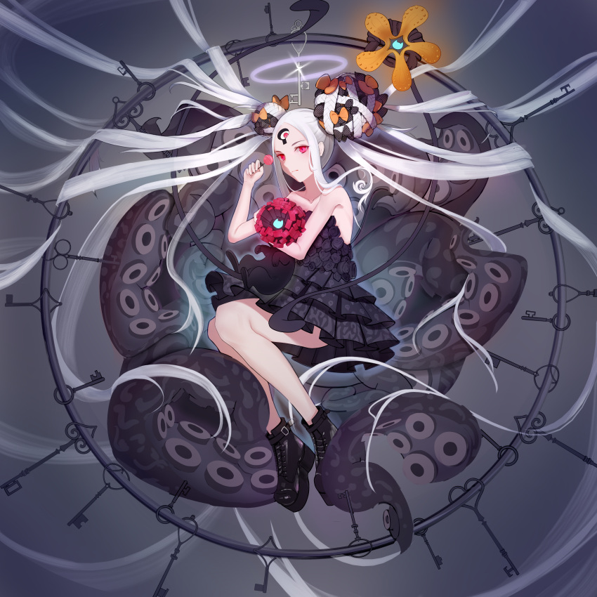 1girl abigail_williams_(fate) absurdres black_dress bow braid candy dress fate/grand_order fate_(series) floating food full_body hair_bow heroic_spirit_tour_outfit highres holding holding_candy holding_food holding_lollipop huge_filesize keyhole lollipop looking_at_viewer orange_bow pale_skin red_eyes solo tentacles white_hair