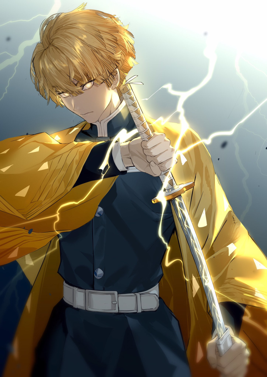 1boy agatsuma_zenitsu bangs belt black_pants black_shirt blonde_hair clenched_hand closed_mouth electricity glowing glowing_eyes glowing_sword glowing_weapon gradient gradient_background hair_between_eyes haori highres holding holding_sheath holding_sword holding_weapon japanese_clothes kimetsu_no_yaiba lightning lightning_bolt pants rrr_(reason) sheath shirt short_hair sword triangle_print weapon white_belt yellow_eyes