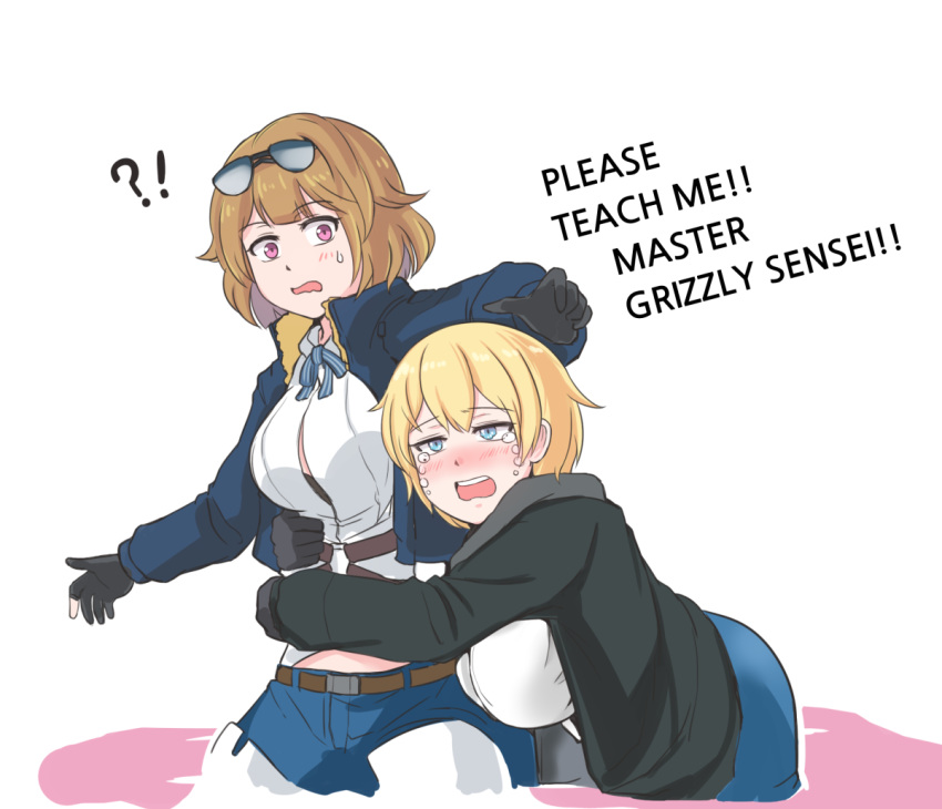 !? 2girls black_jacket blonde_hair blue_eyes blue_jacket blue_shorts blush breasts brown_hair crying english_text eyewear_on_head girls_frontline gloves grizzly_mkv_(girls_frontline) hug jacket large_breasts long_sleeves multiple_girls open_mouth selby short_hair shorts simple_background violet_eyes vsk-94_(girls_frontline) white_background
