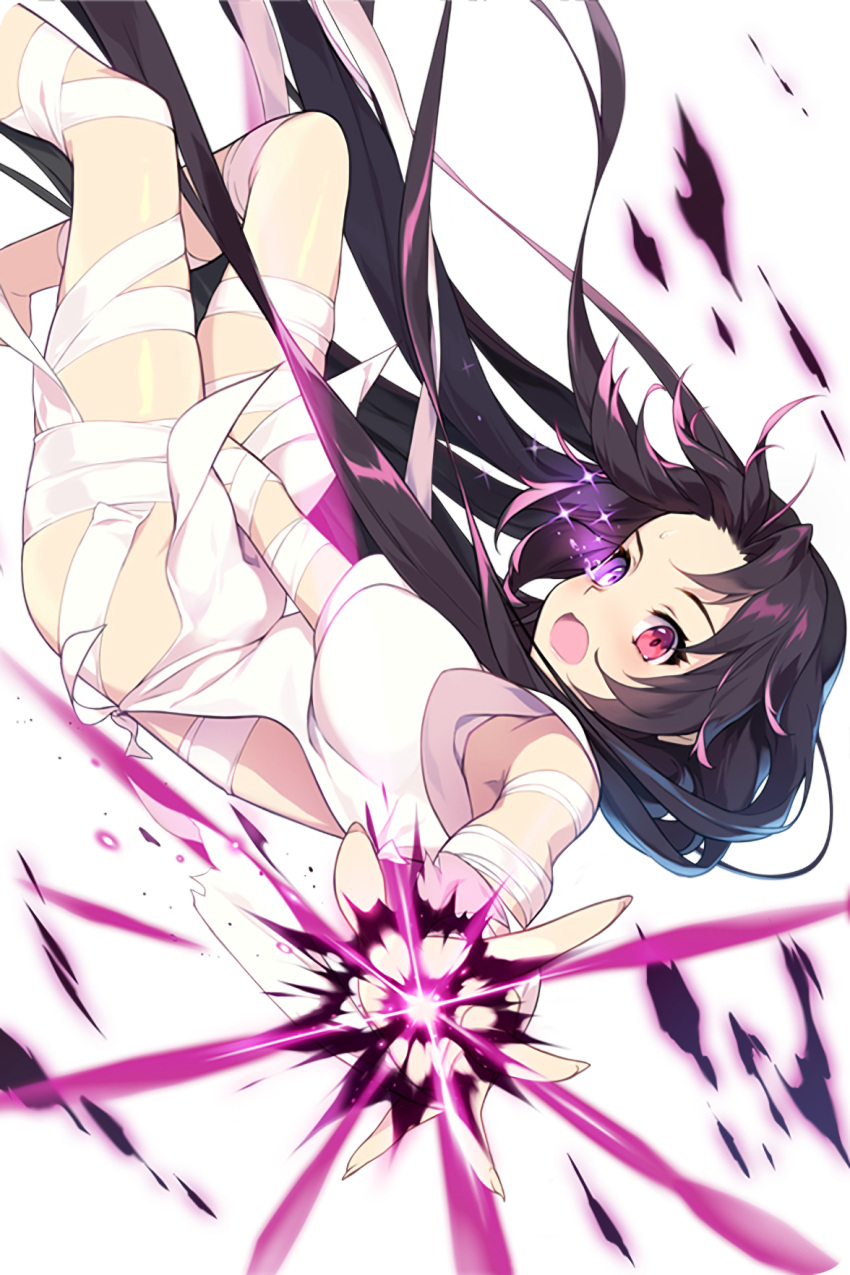 1000marie 1girl bandage_over_one_eye bandages black_hair breasts dark_persona energy heterochromia highres lab_rat_rabian long_hair looking_at_viewer medium_breasts mummy nail_polish naked_bandage official_art open_mouth resized soccer_spirits solo tears transparent_background upscaled violet_eyes