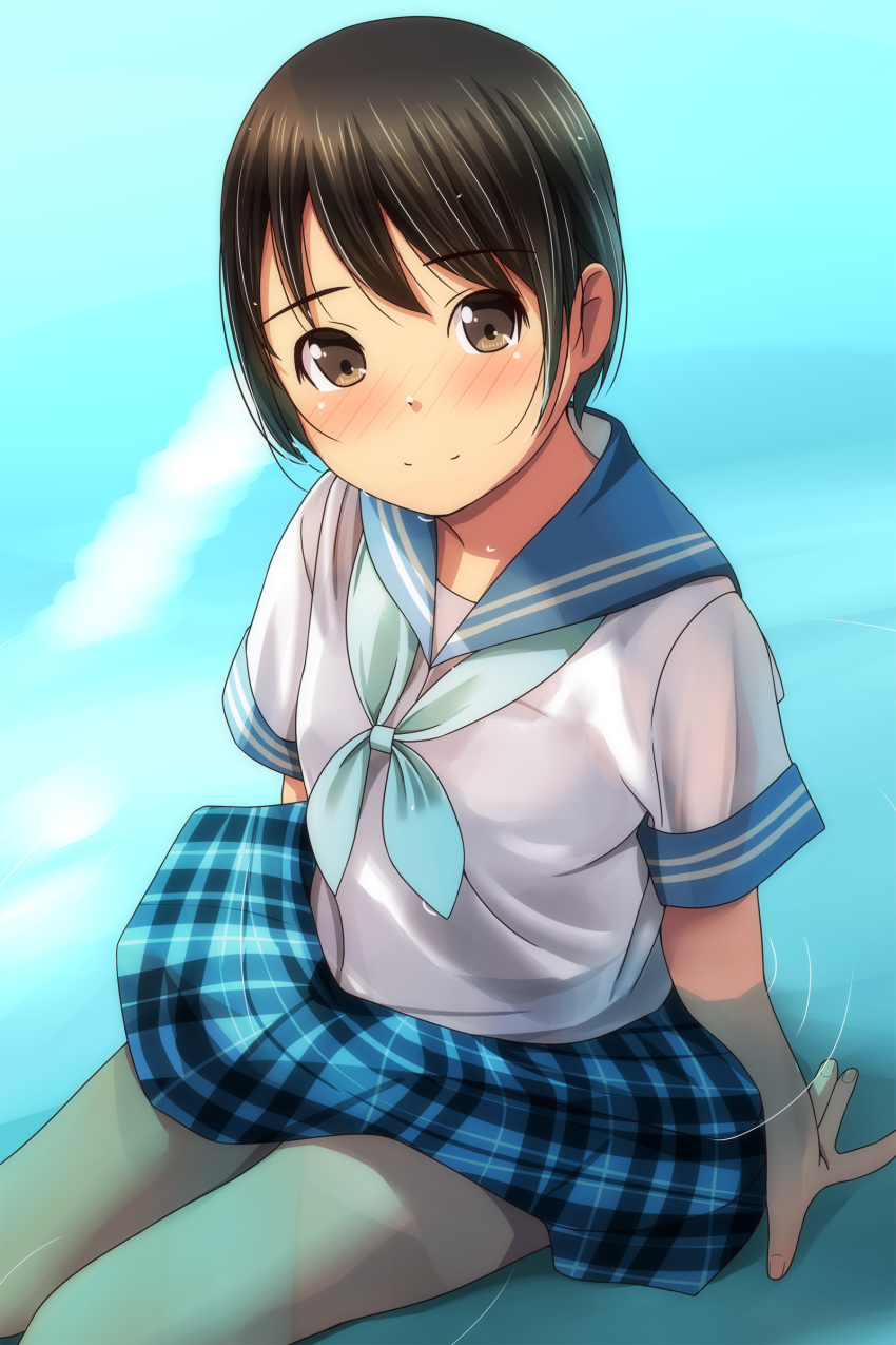 1girl absurdres bangs black_hair blue_neckwear blue_sailor_collar blue_skirt blush brown_eyes closed_mouth eyebrows_visible_through_hair highres looking_at_viewer matsunaga_kouyou neckerchief nose_blush original plaid plaid_skirt pleated_skirt sailor_collar school_uniform serafuku shallow_water shirt short_hair short_sleeves sitting skirt smile solo water white_shirt