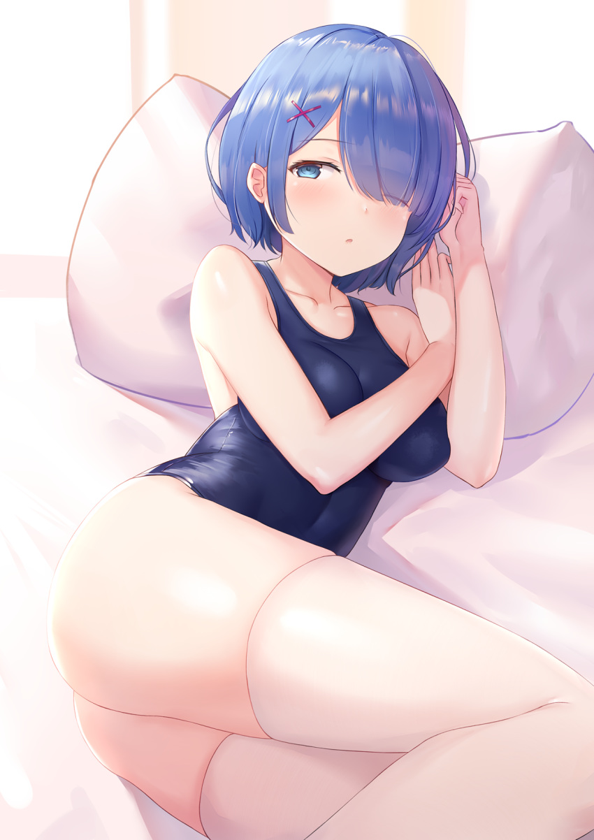 1girl airool ass bare_arms bare_shoulders blue_eyes blue_hair blue_swimsuit breasts collarbone covered_navel hair_ornament hair_over_one_eye highres looking_at_viewer lying medium_breasts on_side one-piece_swimsuit one_eye_closed parted_lips pillow re:zero_kara_hajimeru_isekai_seikatsu rem_(re:zero) short_hair solo swimsuit thigh-highs thighs white_legwear x_hair_ornament