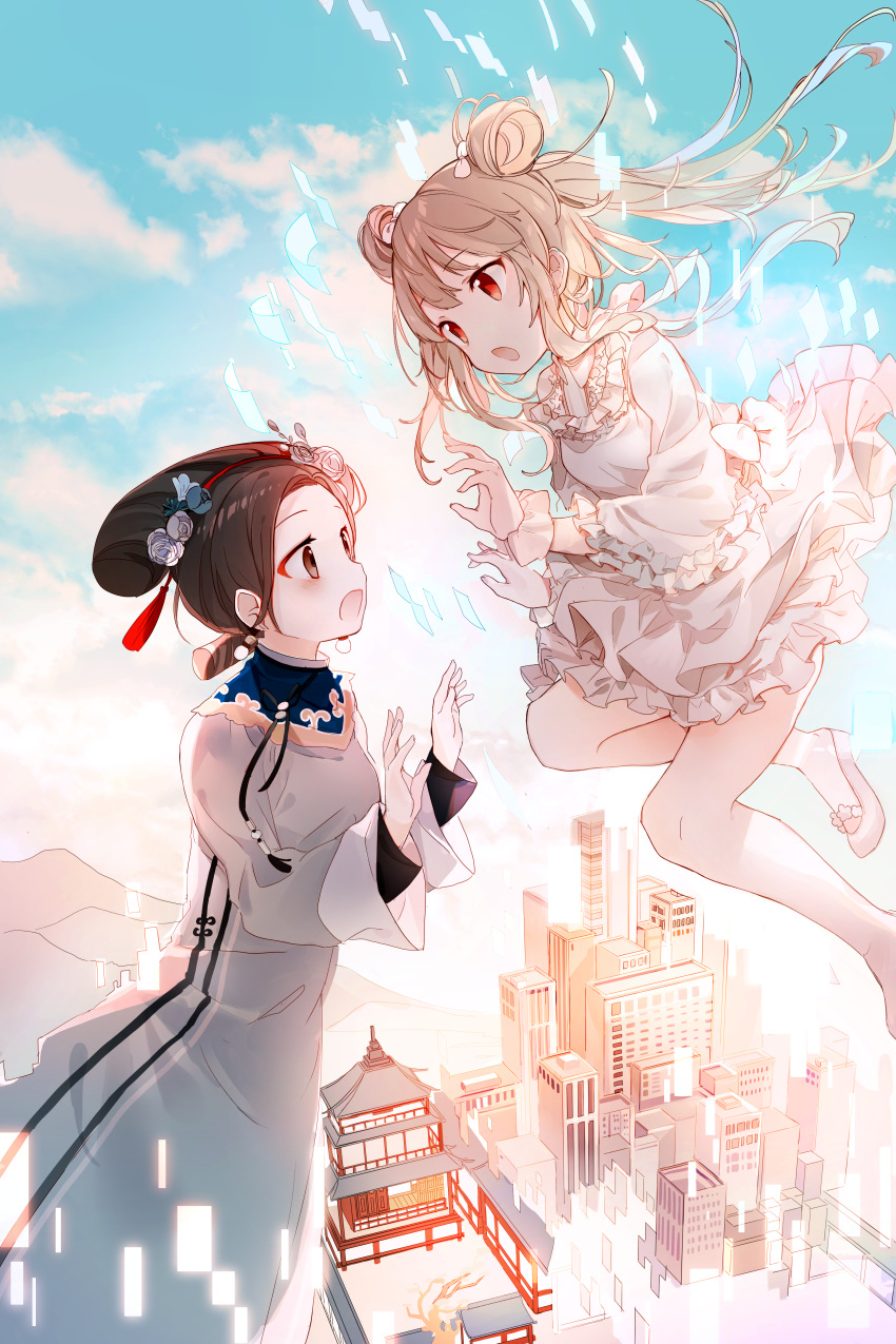 2girls absurdres amafuyu blue_flower blue_rose blue_sky bow brown_eyes brown_hair building clouds cloudy_sky commentary_request day double_bun dress floating_hair flower frilled_dress frills gloves hair_bow hair_flower hair_ornament highres huge_filesize long_hair long_sleeves multiple_girls original outdoors red_eyes rose shoes sky skyscraper twintails white_bow white_dress white_flower white_footwear white_gloves white_rose wide_sleeves