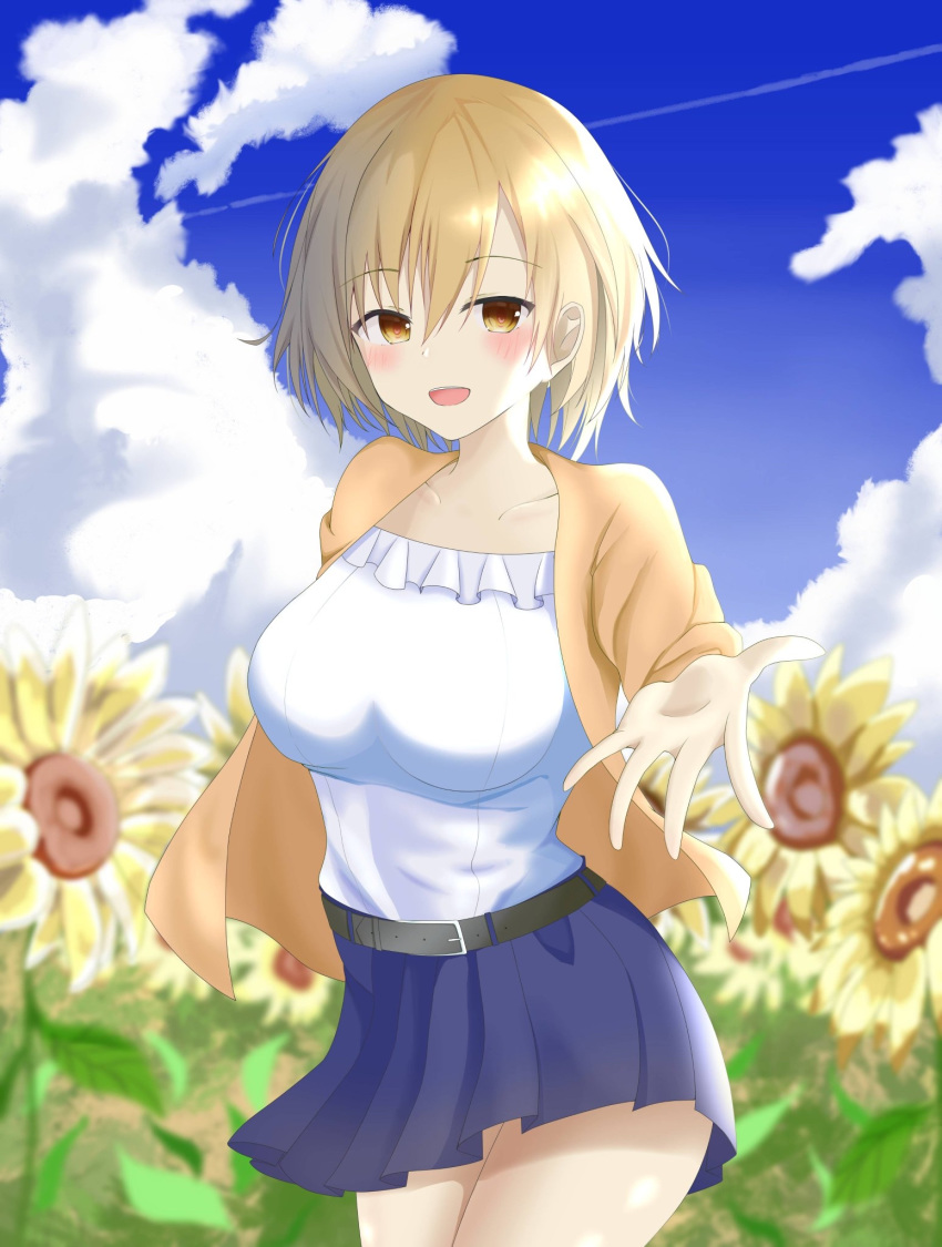 1girl :d belt blonde_hair blue_skirt blush brown_eyes day flower fuuraiyuu highres impossible_clothes jacket looking_at_viewer open_mouth orange_jacket original outdoors outstretched_hand shirt short_hair skirt smile solo standing summer sunflower white_shirt