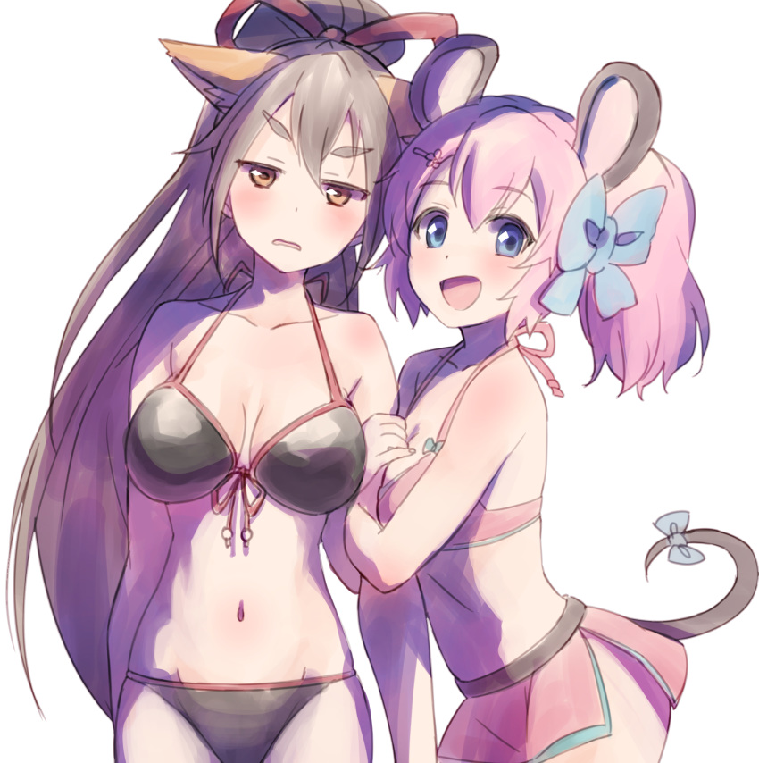 2girls :d a_(show_by_rock!!) animal_ear_fluff animal_ears arm_hug bangs bare_arms bare_shoulders bikini black_bikini black_hair blue_bow blue_eyes blush bow breasts brown_eyes collarbone eyebrows_visible_through_hair hair_between_eyes hair_bow halter_top halterneck high_ponytail highres long_hair medium_breasts mouse_ears mouse_girl mouse_tail multiple_girls nyama open_mouth parted_lips pink_bikini ponytail show_by_rock!! simple_background smile swimsuit tail tail_bow thick_eyebrows un_(show_by_rock!!) very_long_hair white_background