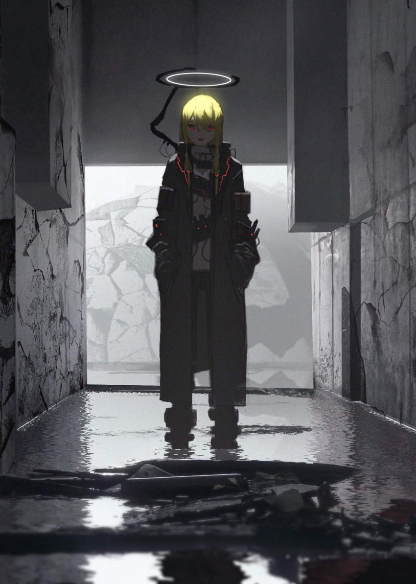 1girl asteroid_ill blonde_hair hands_in_pockets highres indoors iris_(asteroid_ill) jacket long_hair looking_at_viewer mechanical_halo neon_trim open_mouth original red_eyes rubble ruins smile wading water water_surface