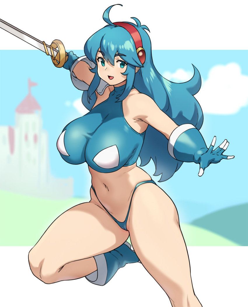 1girl ahoge bare_shoulders blue_eyes blue_hair boots borrowed_character breasts collarbone eyebrows_visible_through_hair foot_out_of_frame g-string gloves hair_between_eyes hairband highres holding holding_sword holding_weapon houtengeki large_breasts long_hair looking_at_viewer navel open_mouth original sleeveless solo stomach sword thong weapon