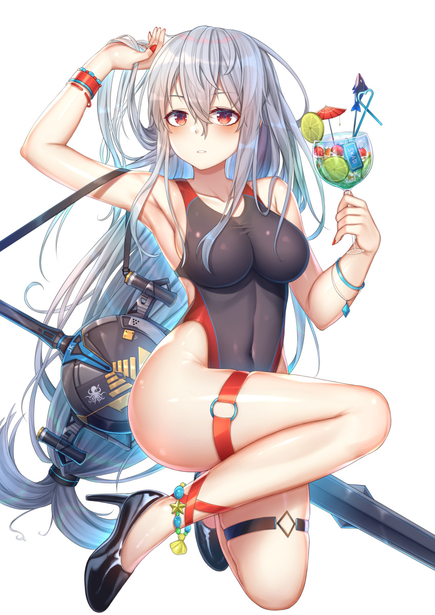 1girl absurdres arknights arm_up armpits bangs bare_arms bare_legs bare_shoulders black_footwear black_swimsuit blush breasts commentary covered_navel cup cupping_glass drinking_straw hair_between_eyes high_heels highres holding holding_cup kishita_yuu lime_slice long_hair looking_at_viewer low-tied_long_hair medium_breasts no_hat no_headwear o-ring one-piece_swimsuit parted_lips red_eyes silver_hair simple_background skadi_(arknights) solo swimsuit sword thigh_strap thighs very_long_hair weapon white_background