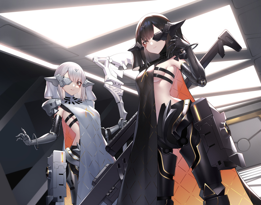 1girl 2girls absurdres armpits bangs black_hair breasts commentary_request cowboy_shot cyborg dress eyepatch facial_mark girls_frontline gun headgear highres holding holding_gun holding_scythe holding_weapon indoors mechanical_arms mechanical_legs medium_breasts medium_hair multiple_girls nyto_(girls'_frontline) nyto_adeline_(girls'_frontline) nyto_alina_(girls'_frontline) paradeus scapular scythe sideboob solo weapon white_hair yellow_eyes zhi_jiyang
