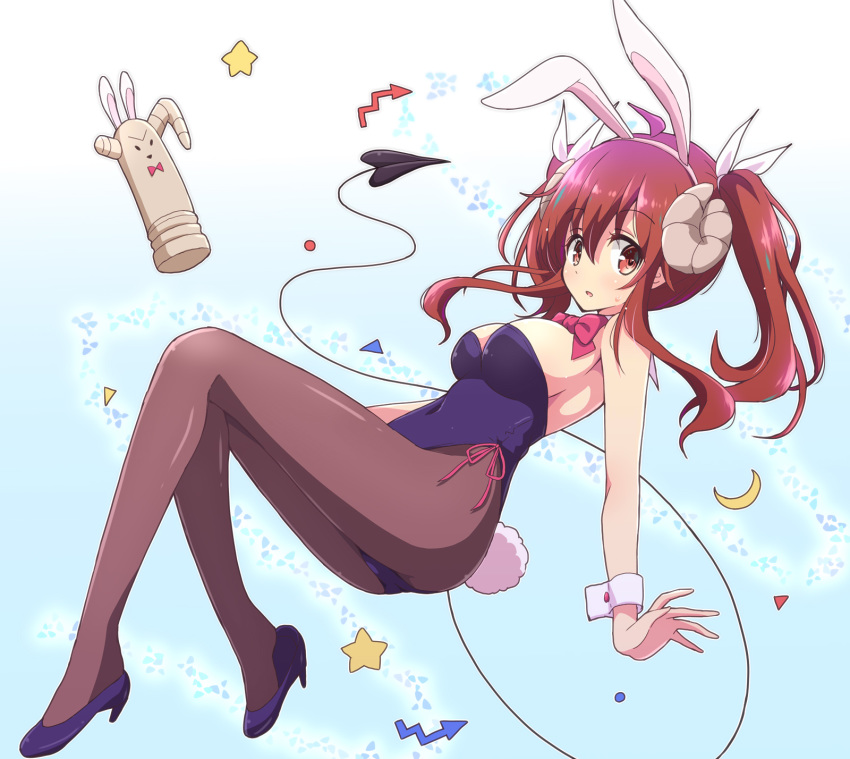 ahoge animal_ears bare_shoulders blush brown_hair bunny_girl bunny_tail bunnysuit curled_horns demon_girl demon_horns demon_tail detached_collar eyebrows_visible_through_hair high_heels highres horns leotard lilith_(machikado_mazoku) long_hair machikado_mazoku mel_(melty_pot) open_mouth pantyhose rabbit_ears statue tail wrist_cuffs yoshida_yuuko_(machikado_mazoku)