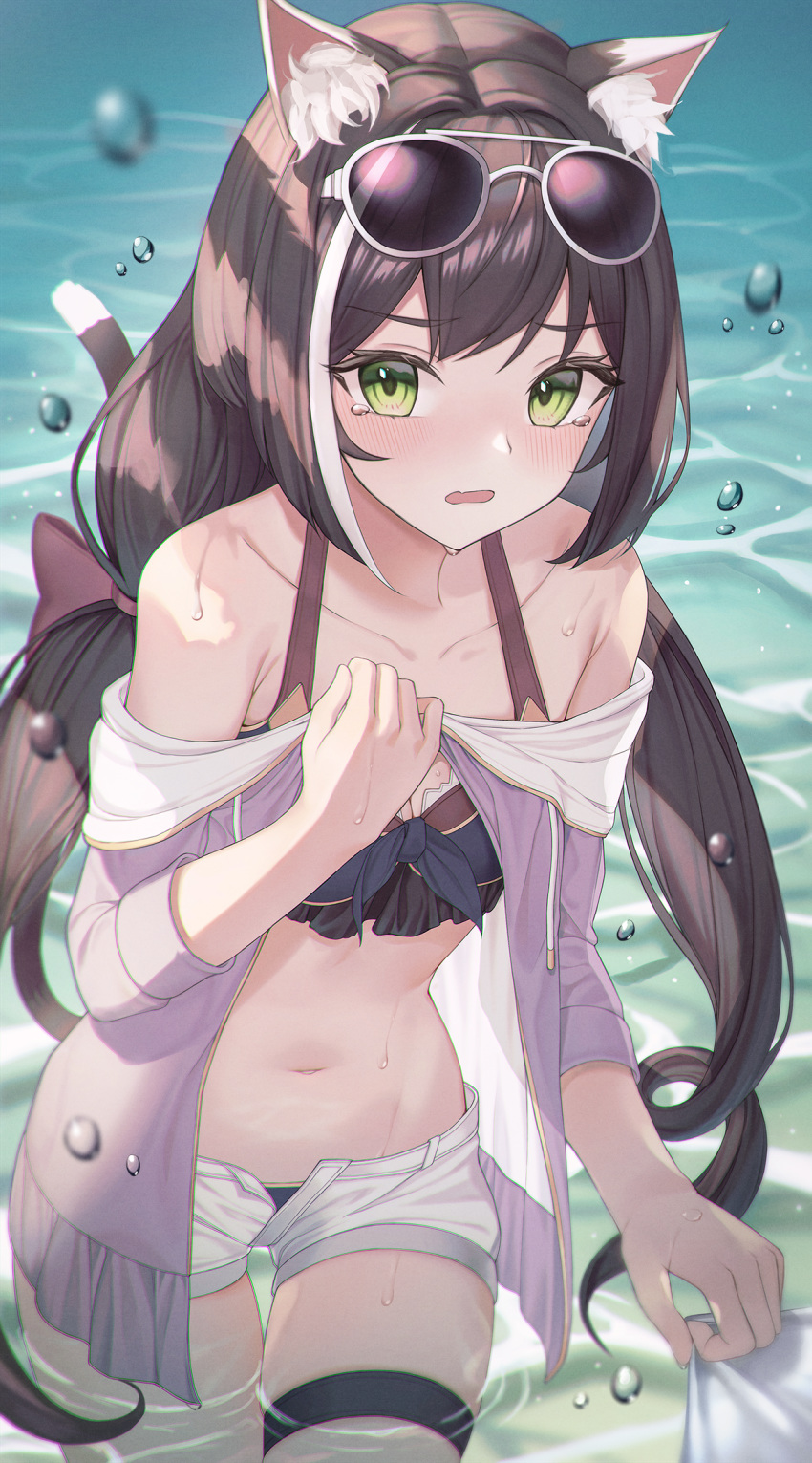 1girl animal_ear_fluff animal_ears bare_shoulders bikini bikini_under_clothes black_bikini black_hair blush bow cat_ears cat_girl cat_tail collared_shirt cowboy_shot crying crying_with_eyes_open day eyewear_on_head front-tie_bikini front-tie_top green_eyes groin hair_bow hand_on_own_chest hb_(qwqw1697) highres jacket karyl_(princess_connect!) leaning_forward long_hair long_sleeves looking_at_viewer low_twintails multicolored_hair navel off_shoulder open_clothes open_fly open_jacket open_mouth outdoors pov princess_connect! princess_connect!_re:dive purple_bow purple_jacket shirt short_shorts shorts skindentation solo stomach streaked_hair sunglasses sunlight swimsuit tail tears thigh_strap twintails very_long_hair wading water water_drop wet white-framed_eyewear white_hair white_shorts