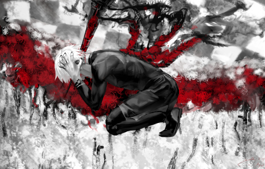 1boy animal black_nails bleeding blood blood_on_face bloody_weapon bug centipede checkered dated fingernails flower greyscale hands_on_head impaled injury kaneki_ken kneeling liyou-ryon male_focus monochrome muscle polearm red_flower screaming signature solo spear spider_lily spot_color teeth tokyo_ghoul weapon white_flower white_hair