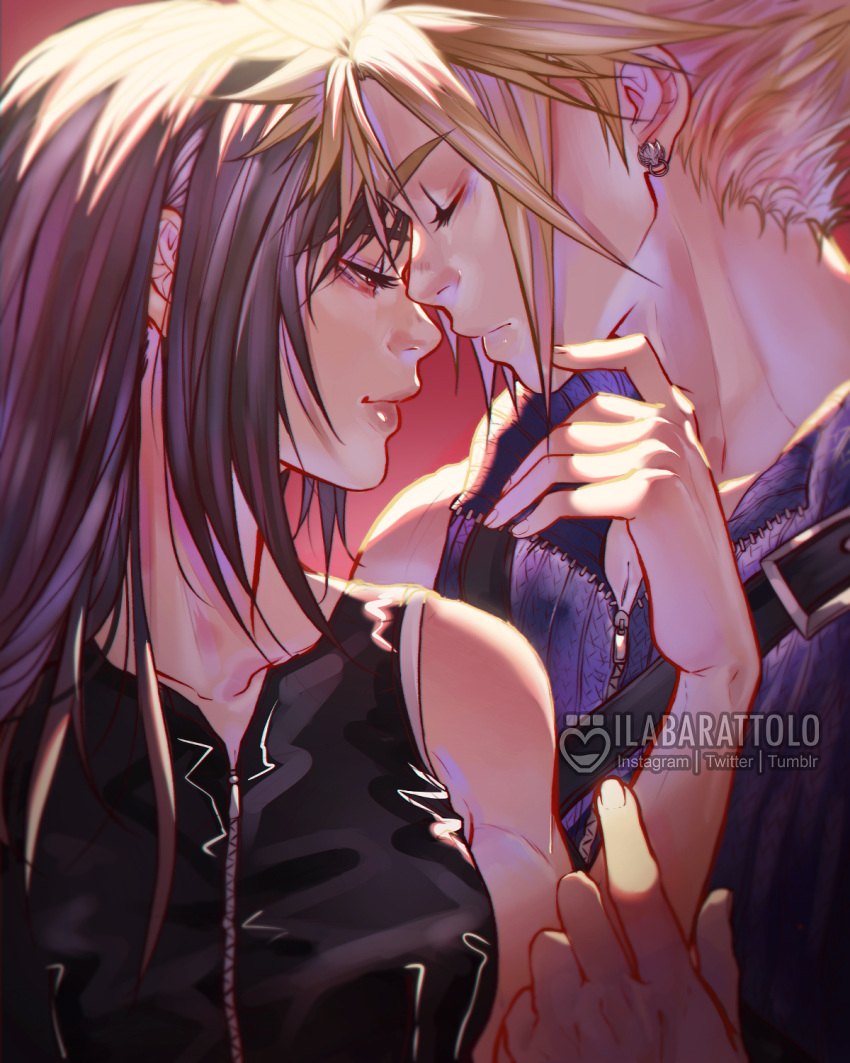 1boy 1girl bare_shoulders black_hair black_shirt blonde_hair blue_shirt brown_eyes closed_eyes cloud_strife earrings final_fantasy final_fantasy_vii hand_on_another's_chin high_collar highres ilabarattolo imminent_kiss jewelry long_hair looking_down red_background ribbed_shirt shirt sidelocks sleeveless sleeveless_shirt spiky_hair strap tifa_lockhart zipper zipper_pull_tab