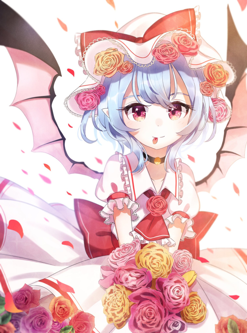 1girl ametama_(runarunaruta5656) ascot bat_wings blue_hair blush bouquet bow bow_dress closed_mouth cowboy_shot dress eyebrows_visible_through_hair eyelashes eyes flower frilled_neckwear frilled_shirt_collar frilled_sleeves frills hair_flower hair_ornament hat hat_bow highres holding holding_bouquet light_smile looking_at_viewer mob_cap petals pink_dress puffy_short_sleeves puffy_sleeves red_bow red_eyes red_neckwear remilia_scarlet ribbon_trim rose short_dress short_hair short_sleeves simple_background smile solo touhou white_background wings