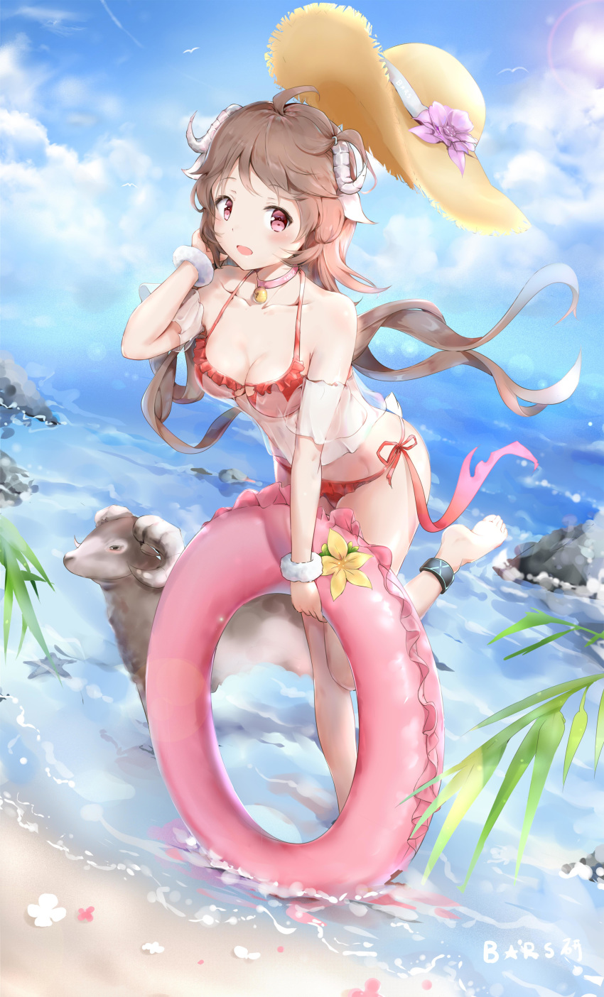 1girl absurdres ahoge arknights bangs bare_shoulders barefoot bikini blue_sky brown_hair brs_(33143752) chinese_commentary choker clouds commentary_request day eyjafjalla_(arknights) flower hand_up hat hat_flower highres holding horns innertube long_hair looking_at_viewer ocean open_mouth pink_choker pink_eyes purple_flower red_bikini sheep sheep_horns sky solo standing standing_on_one_leg sun_hat swimsuit water wrist_cuffs
