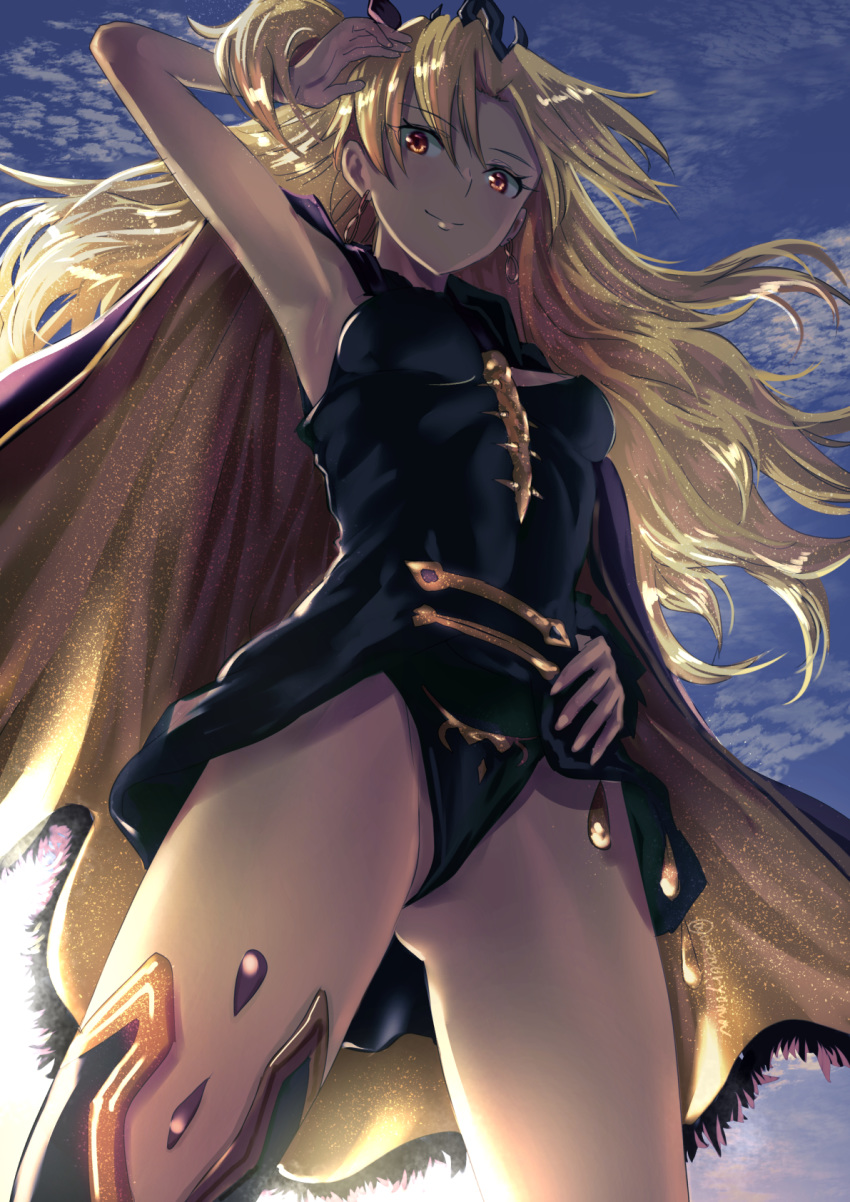 1girl armpits bangs black_leotard blonde_hair breasts cape closed_mouth ereshkigal_(fate/grand_order) eyebrows_visible_through_hair fate/grand_order fate_(series) from_below hair_between_eyes hair_intakes hair_ornament hand_in_hair highres leotard long_hair looking_at_viewer looking_down orange_eyes shiny shiny_hair single_thighhigh small_breasts smile solo standing thigh-highs uenoryoma very_long_hair yellow_cape