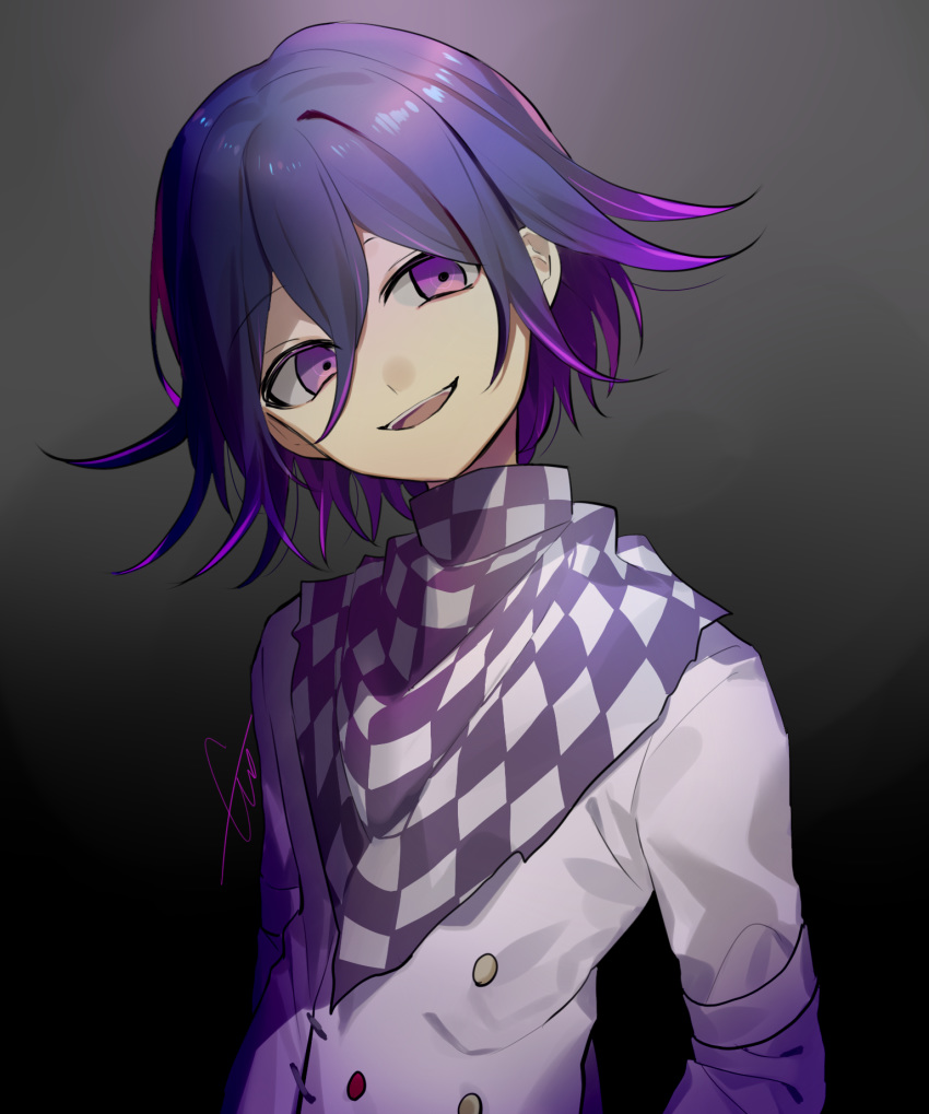 1boy arms_at_sides bangs black_background black_hair buttons checkered checkered_scarf commentary_request dangan_ronpa grey_background grin hair_between_eyes highres huyuharu0214 looking_at_viewer male_focus multicolored_hair new_dangan_ronpa_v3 ouma_kokichi pink_hair purple_hair scarf signature smile solo straitjacket two-tone_background two-tone_hair upper_teeth violet_eyes