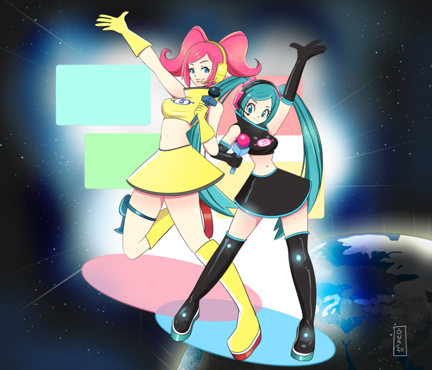 2girls :d arm_up artist_logo artist_name black_gloves black_shirt blue_eyes boots commentary company_connection crop_top crossover disconnected_mouth earth elbow_gloves energy_gun gloves grin hatsune_miku headset high_collar highres holding holding_microphone holster knee_boots long_hair looking_at_viewer matching_outfit microphone midriff miniskirt multiple_girls navel neon_trim onac911 open_mouth pink_lips platform_footwear print_shirt ray_gun shiny shirt signature skirt sleeveless smile space space_channel_5 standing standing_on_one_leg thigh-highs thigh_boots thigh_holster thigh_strap twintails ulala very_long_hair vocaloid weapon yellow_footwear yellow_gloves zettai_ryouiki