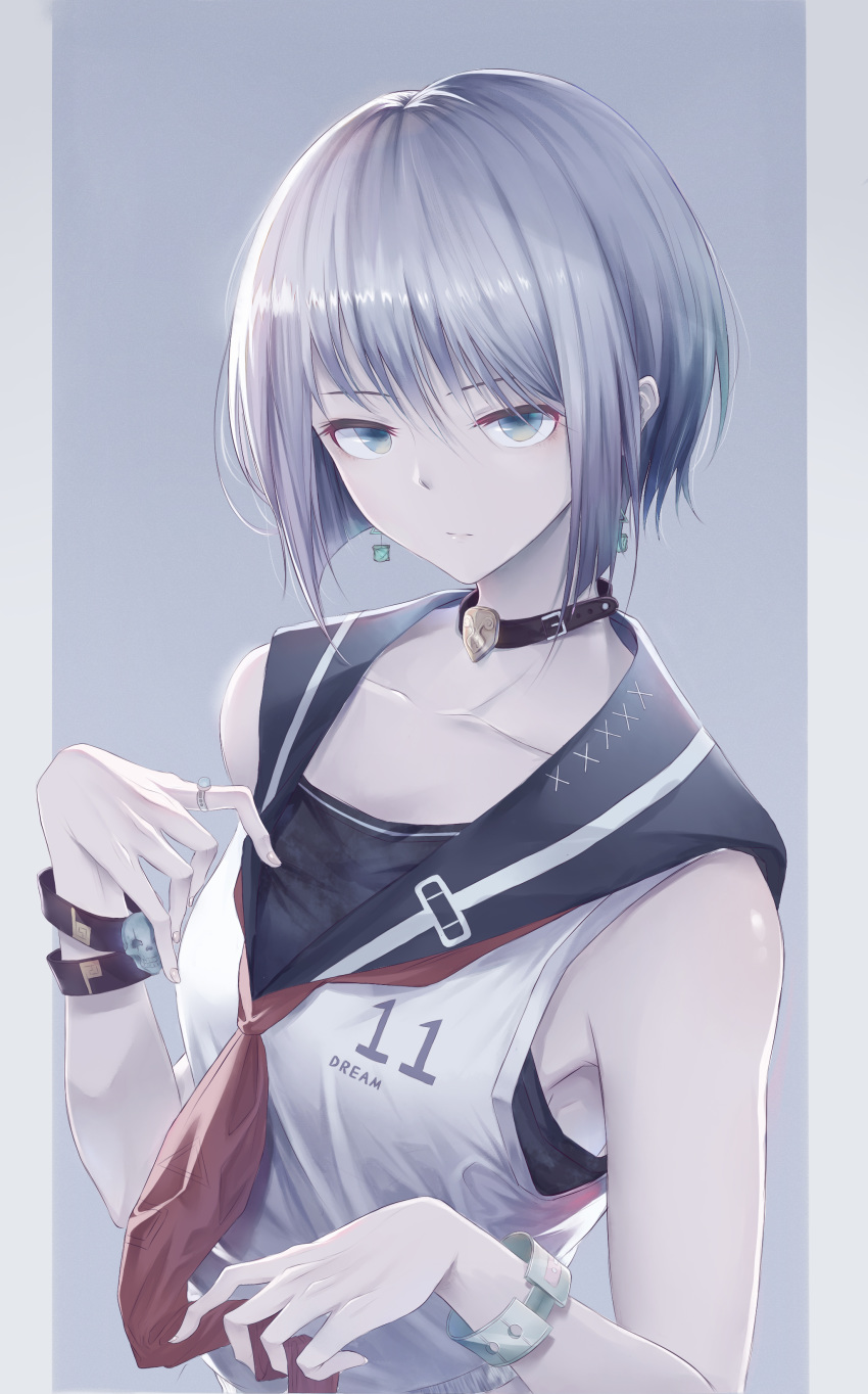 1girl absurdres blouse bracelet choker earrings grey_eyes grey_hair highres jewelry key_jun looking_at_viewer neckerchief number original pleated_skirt sailor sailor_collar school_uniform serafuku short_hair simple_background skirt solo x