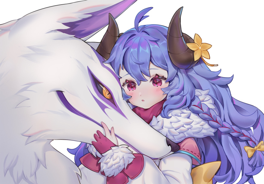 1girl :o absurdres ahoge blue_hair braid curled_horns fur_collar highres horns kindred lamb_(league_of_legends) league_of_legends long_hair long_sleeves looking_at_another meowlian orange_eyes parted_lips puffy_sleeves red_eyes shirt simple_background slit_pupils spirit_blossom_kindred white_background white_shirt wolf wolf_(league_of_legends)