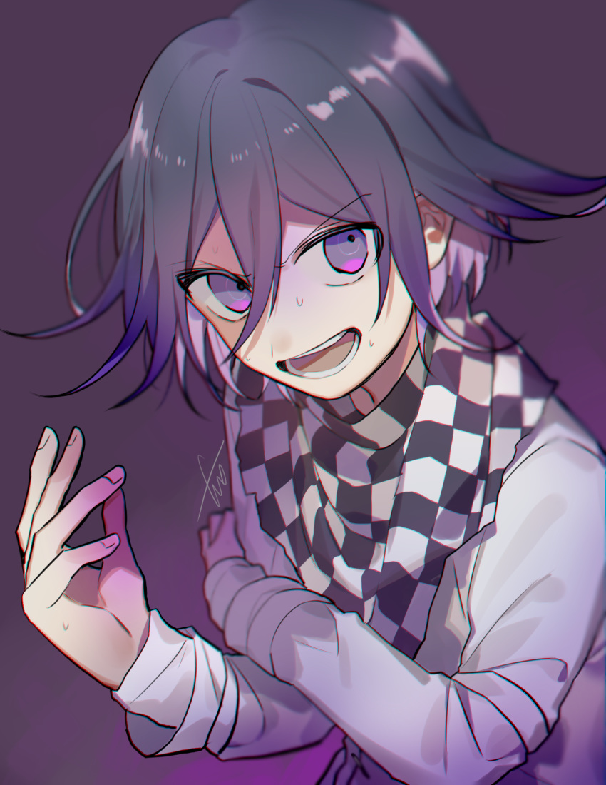 1boy bangs black_hair checkered checkered_scarf commentary_request dangan_ronpa hair_between_eyes highres huyuharu0214 layered_sleeves long_sleeves looking_at_viewer lower_teeth male_focus multicolored_hair new_dangan_ronpa_v3 open_mouth ouma_kokichi pink_hair purple_background purple_hair scarf signature sleeves_past_wrists smile solo straitjacket sweat two-tone_background upper_body upper_teeth violet_eyes