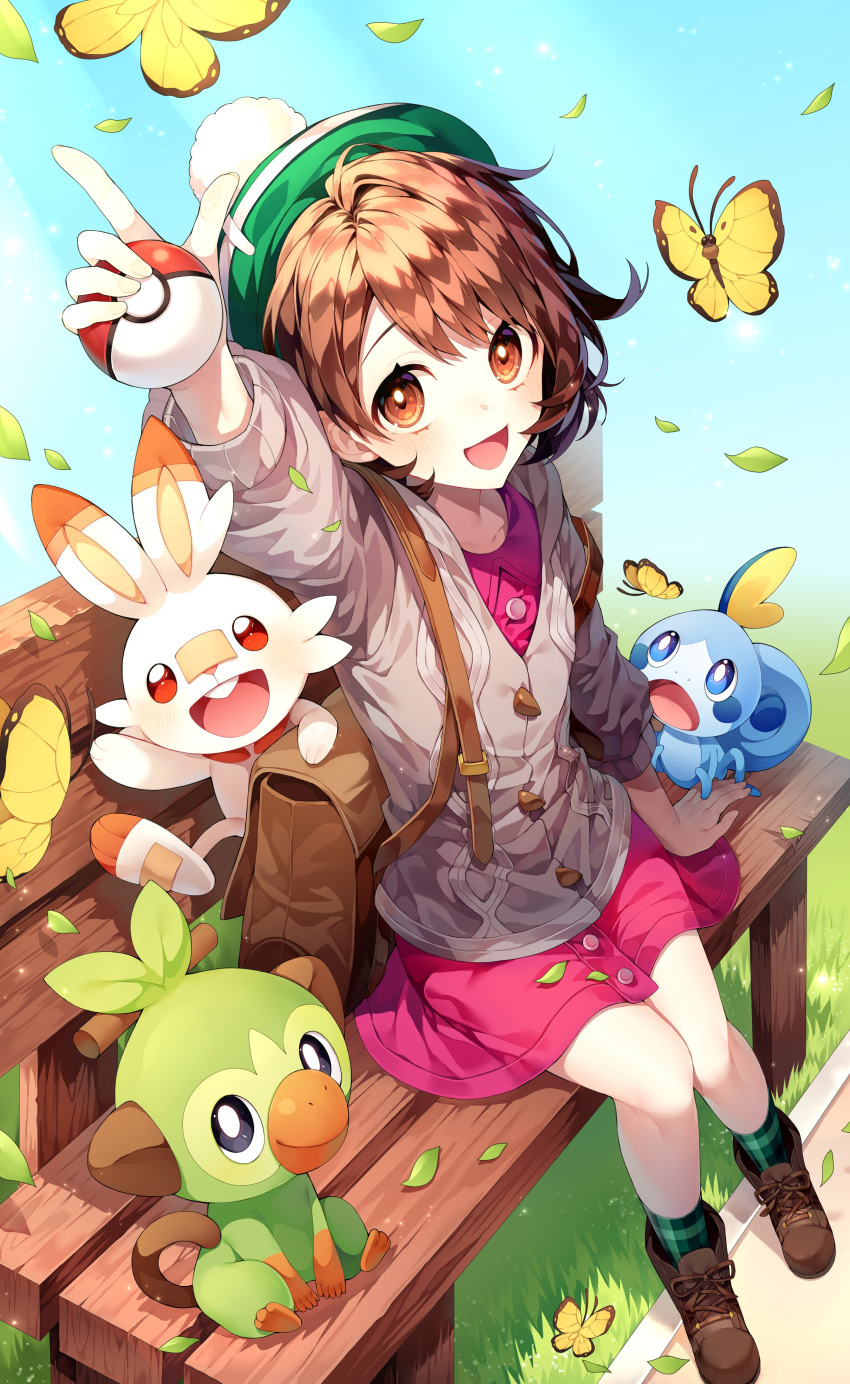 1girl :d absurdres arm_up bangs bench blush bob_cut brown_eyes brown_footwear brown_hair bug butterfly cardigan dress gen_8_pokemon grass green_headwear green_legwear grey_cardigan grookey ha_youn hat highres holding holding_poke_ball insect leaf long_sleeves looking_at_viewer open_mouth pink_dress poke_ball poke_ball_(basic) pokemon pokemon_(creature) pokemon_(game) pokemon_swsh scorbunny short_hair sitting smile sobble socks solo tam_o'_shanter yuuri_(pokemon)