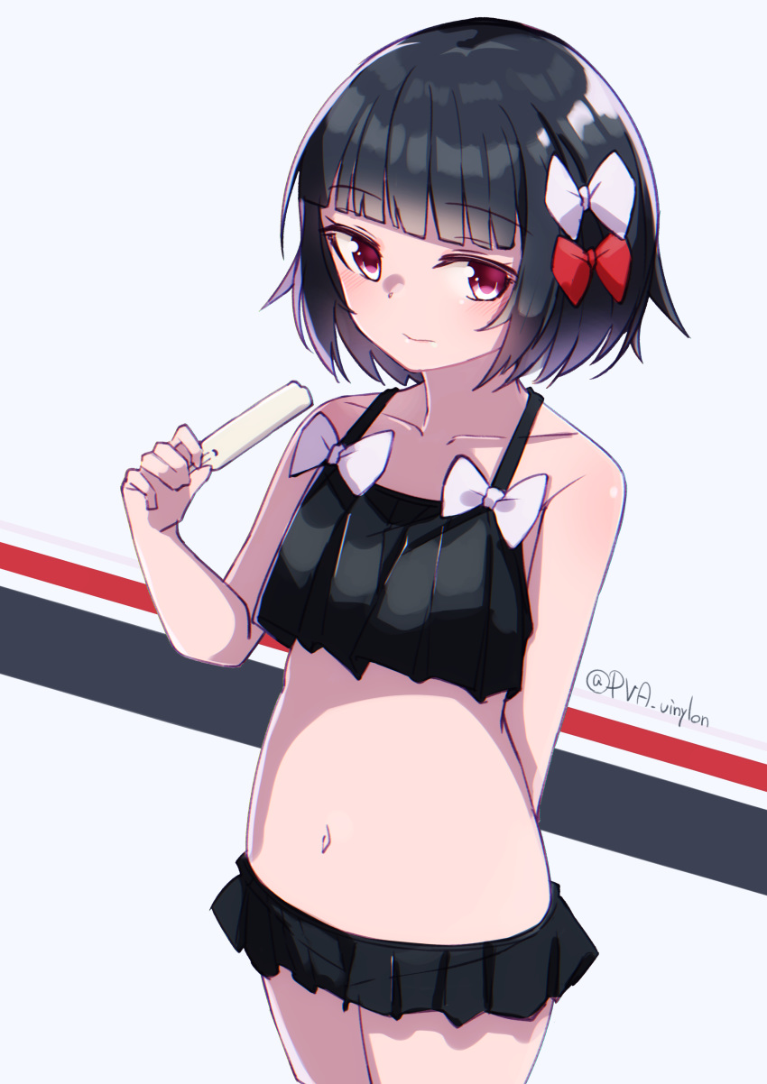 1girl absurdres arm_behind_back bikini bikini_skirt black_bikini black_hair commentary_request cowboy_shot food frilled_bikini frills hair_ribbon highres ishigaki_(kantai_collection) kantai_collection looking_at_viewer multicolored multicolored_background popsicle red_eyes red_ribbon ribbon short_hair solo swimsuit twitter_username uut white_background white_ribbon
