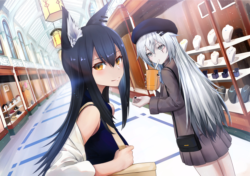 2girls alternate_costume animal_ear_fluff animal_ears arknights bag bangs bare_shoulders beret black_hair black_nails blue_headwear brown_eyes casual coat commentary_request cowboy_shot cup drinking drinking_straw dutch_angle grey_coat grey_eyes hair_between_eyes hair_ornament hairclip handbag hat highres holding holding_cup indoors kure_(kure_90) lappland_(arknights) long_hair long_sleeves looking_at_viewer multiple_girls nail_polish off_shoulder scar scar_across_eye silver_hair smile standing texas_(arknights) upper_body wolf_ears
