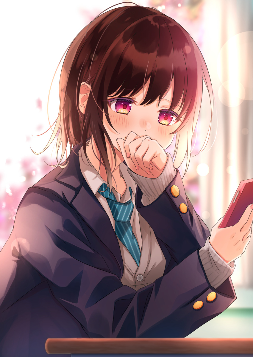 1girl absurdres arm_up bangs black_jacket blazer blurry blurry_background blush brown_hair cardigan cellphone commentary_request covering_mouth desk eyebrows_visible_through_hair highres holding holding_phone indoors jacket lens_flare looking_down necktie open_clothes open_jacket original phone pink_eyes school_desk school_uniform shigure0730 shirt short_hair sitting sleeves_past_wrists smartphone solo striped striped_neckwear symbol_commentary upper_body white_cardigan white_shirt