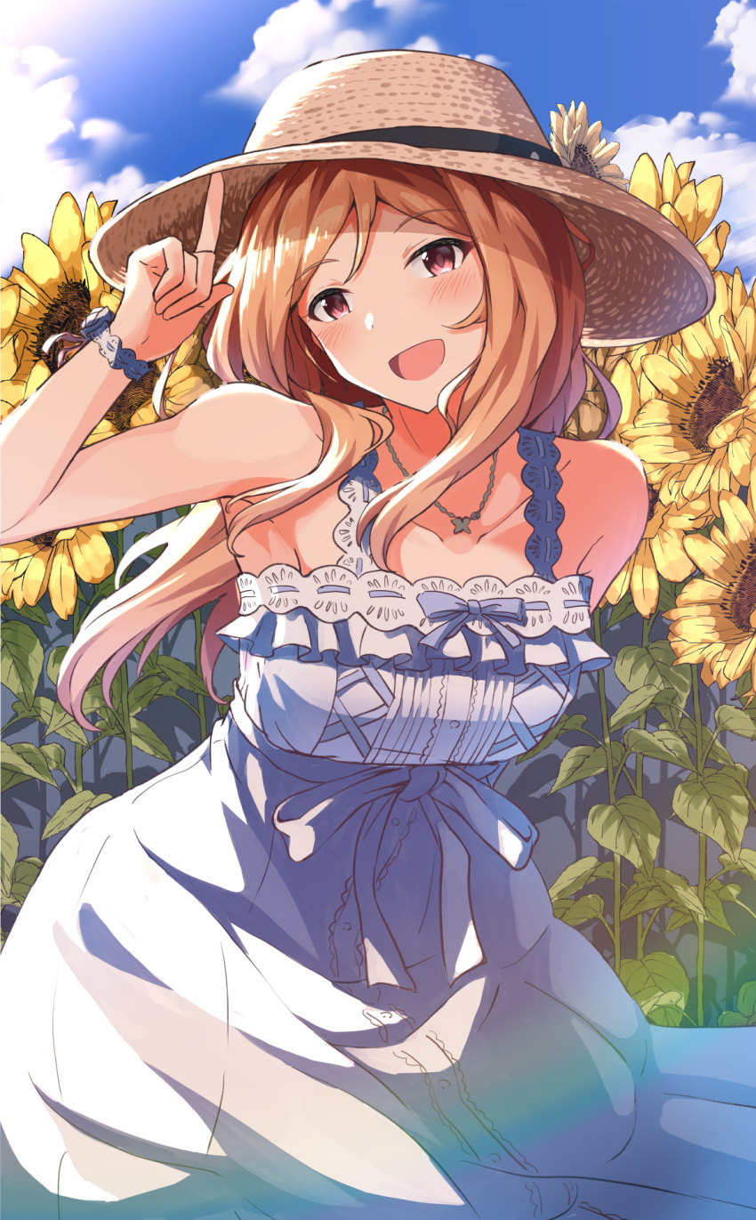 1girl bangs bare_shoulders blush brown_hair dress flower fubuki_(pekesan) hat highres idolmaster idolmaster_million_live! idolmaster_million_live!_theater_days long_hair looking_at_viewer momose_rio open_mouth outdoors parted_bangs red_eyes sidelocks sleeveless sleeveless_dress smile solo straw_hat sun_hat sundress sunflower white_dress