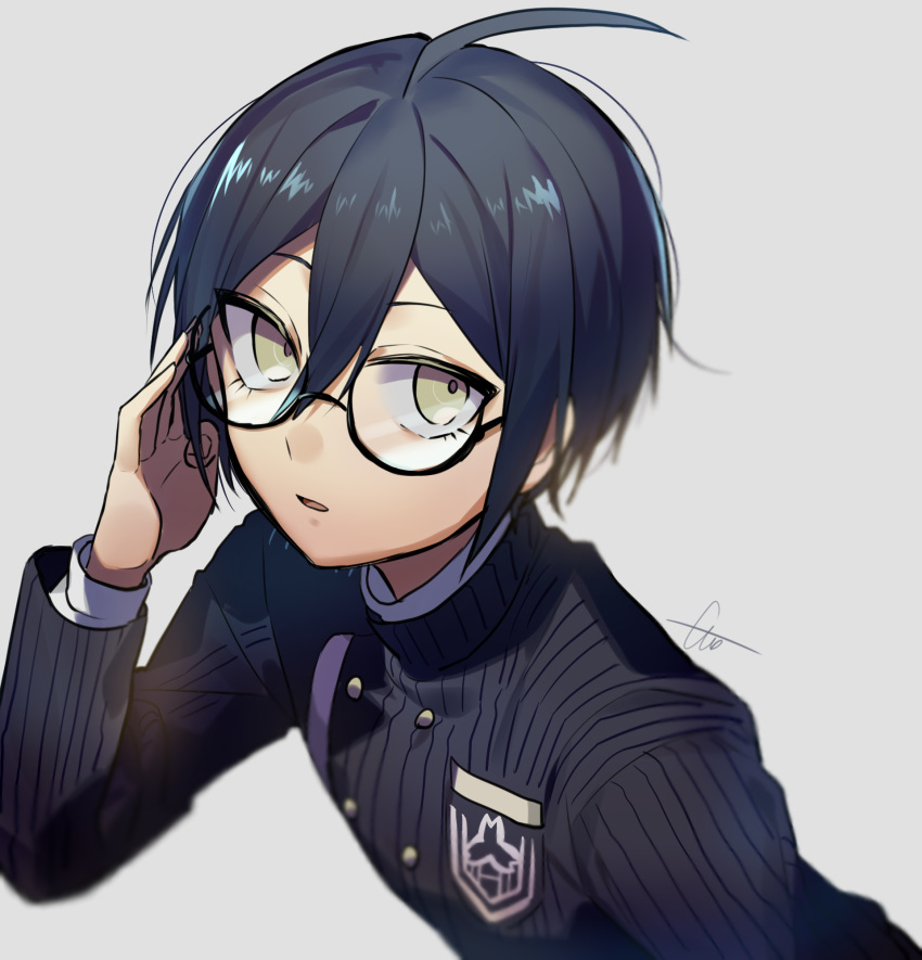 1boy adjusting_eyewear ahoge bangs black_hair black_jacket commentary_request dangan_ronpa gakuran glasses grey_background hand_up highres huyuharu0214 jacket long_sleeves looking_at_viewer male_focus new_dangan_ronpa_v3 parted_lips saihara_shuuichi school_uniform signature simple_background solo striped_jacket yellow_eyes