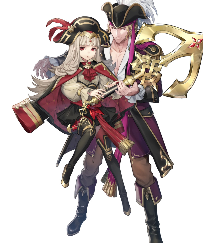 1boy 1girl bangs blonde_hair boots detached_sleeves fire_emblem fire_emblem_fates fire_emblem_heroes full_body grey_hair hat highres knee_boots long_sleeves official_art pants pirate_hat red_eyes red_legwear skirt thigh-highs transparent_background veronica_(fire_emblem) xander_(fire_emblem) zettai_ryouiki
