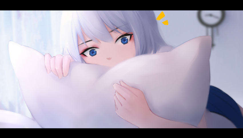 1girl bangs blue_eyes blue_skirt blurry blurry_background clock curtains depth_of_field eyebrows_visible_through_hair grey_hair indoors letterboxed long_hair looking_at_viewer notice_lines original pillow pillow_hug pleated_skirt shimmer skirt solo wall_clock