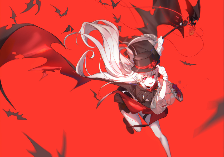 1girl absurdres alternate_costume arknights bangs black_headwear blood cape gloves hair_between_eyes halloween hat highres holding holding_staff jacket long_hair looking_at_viewer open_mouth pale_skin pointy_ears red_eyes running see-through smile solo staff stitches thigh_strap vampire very_long_hair warfarin_(arknights) white_gloves white_hair yumuto_(spring1786)
