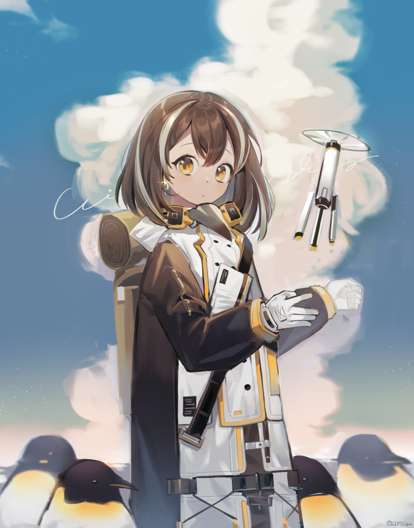 1girl 217sian absurdres arknights bangs bird brown_hair commentary_request cowboy_shot drone gloves highres jacket long_sleeves looking_at_viewer magallan_(arknights) multicolored_hair penguin short_hair standing streaked_hair white_gloves white_hair white_jacket yellow_eyes