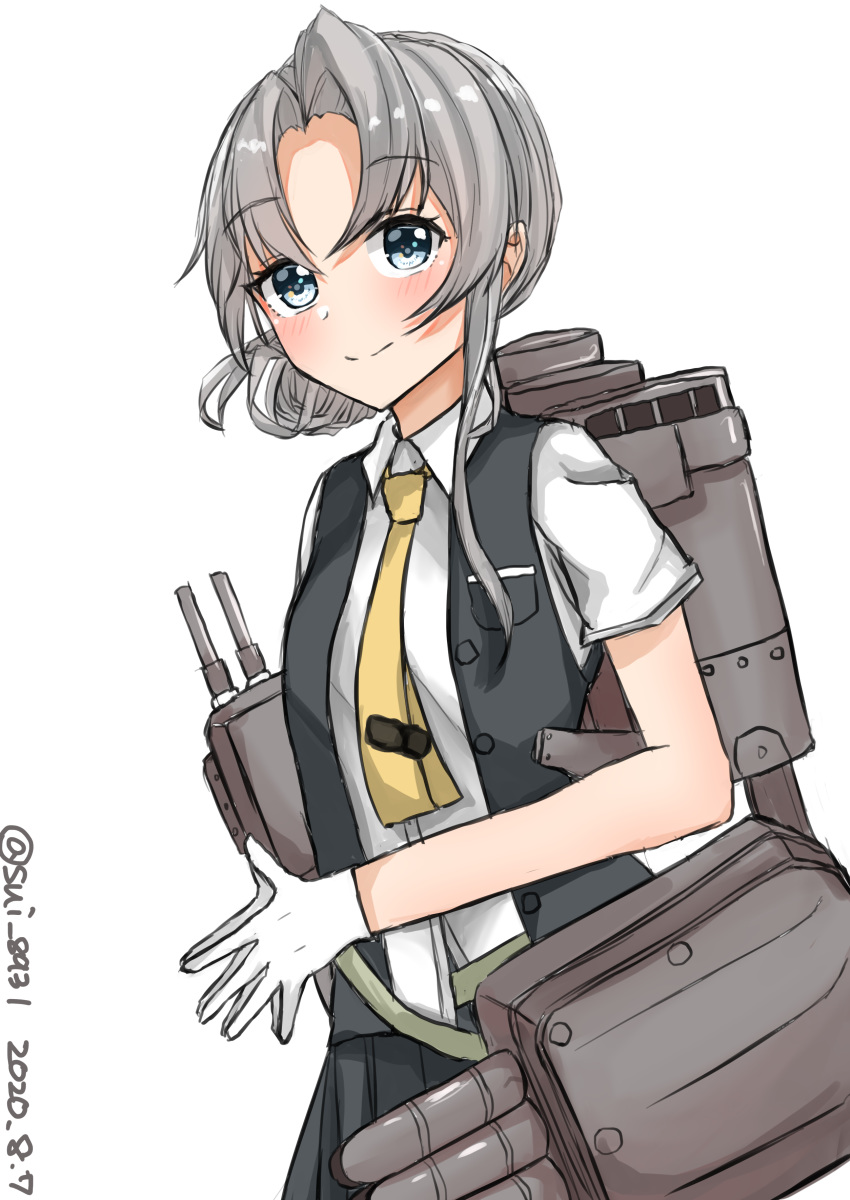 1girl absurdres adapted_turret asymmetrical_hair bangs black_vest cannon commentary_request dated dress_shirt flipped_hair gloves grey_eyes highres kantai_collection machinery necktie nowaki_(kantai_collection) pleated_skirt shirt silver_hair simple_background skirt smile solo swept_bangs tamako_(sui_8931) turret twitter_username upper_body vest white_background white_gloves white_shirt yellow_neckwear
