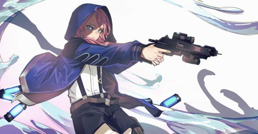 1girl arknights bangs black_shorts blue_eyes blue_jacket blue_poison_(arknights) commentary_request fixro2n glowing gun highres holding holding_gun holding_weapon hood hood_up hooded_jacket jacket long_hair looking_away open_clothes open_jacket outstretched_arms pink_hair shirt short_shorts shorts solo suspender_shorts suspenders two-handed weapon weapon_request white_background white_shirt