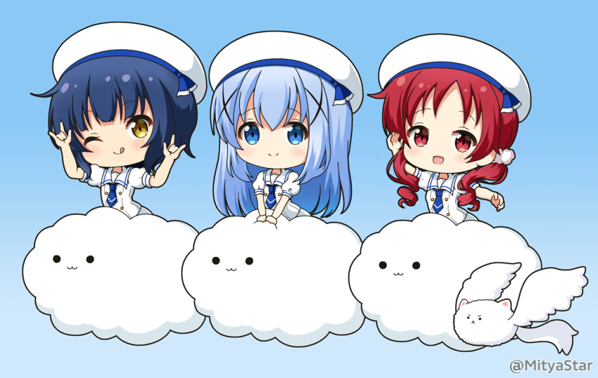 ._. 3girls :3 :d ;q \m/ angora_rabbit animal arm_up beret black_hair blue_background blue_eyes blue_hair blue_neckwear blush brown_eyes chibi closed_mouth clouds commentary_request crown double_\m/ feathered_wings gochuumon_wa_usagi_desu_ka? gradient gradient_background hair_ornament hand_up hat jouga_maya kafuu_chino kafuu_chino's_school_uniform long_hair looking_at_viewer low_twintails miicha mini_crown multiple_girls natsu_megumi neckerchief one_eye_closed open_mouth puffy_short_sleeves puffy_sleeves rabbit red_eyes redhead ringlets sailor_collar scar scar_across_eye school_uniform serafuku shirt short_sleeves skirt smile solid_circle_eyes tippy_(gochiusa) tongue tongue_out twintails twitter_username very_long_hair white_headwear white_sailor_collar white_serafuku white_shirt white_skirt white_wings winged_animal wings x_hair_ornament