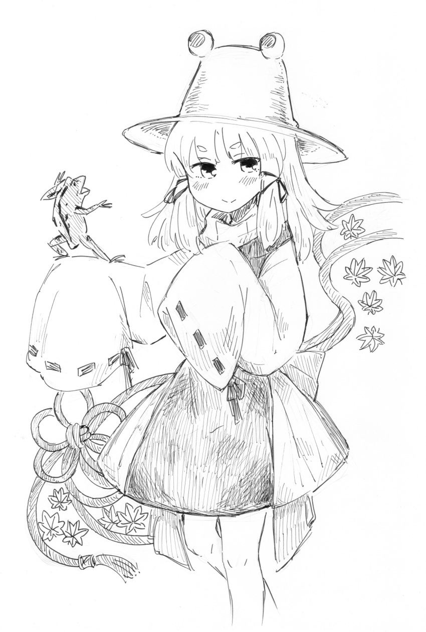 1girl absurdres blush closed_mouth dress eyebrows_visible_through_hair frog greyscale hair_ribbon hat highres inazakura00 leaf long_sleeves looking_at_viewer maple_leaf medium_hair monochrome moriya_suwako ribbon simple_background sleeves_past_fingers sleeves_past_wrists smile solo standing touhou white_background wide_sleeves