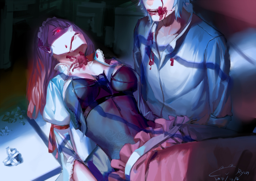 1boy 1girl bleeding blood blood_from_mouth blood_on_face bloody_clothes breasts collarbone covered_navel dated death fangs floral_print flower frills glowing glowing_eyes highres holding holding_another indoors injury liyou-ryon long_hair looking_at_another maid_headdress open_mouth original pointy_ears puffy_sleeves purple_hair shaded_face signature slit_pupils teeth upper_teeth vampire white_flower white_hair zipper