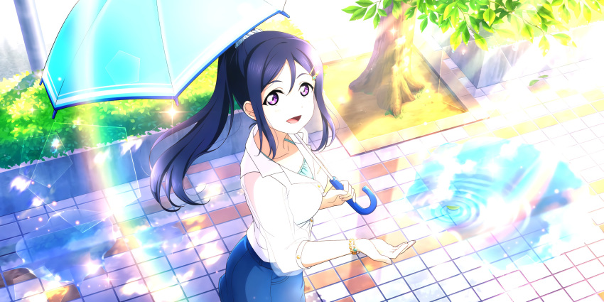 blue_hair dress long_hair love_live!_school_idol_festival_all_stars matsuura_kanan ponytail smile umbrella violet_eyes