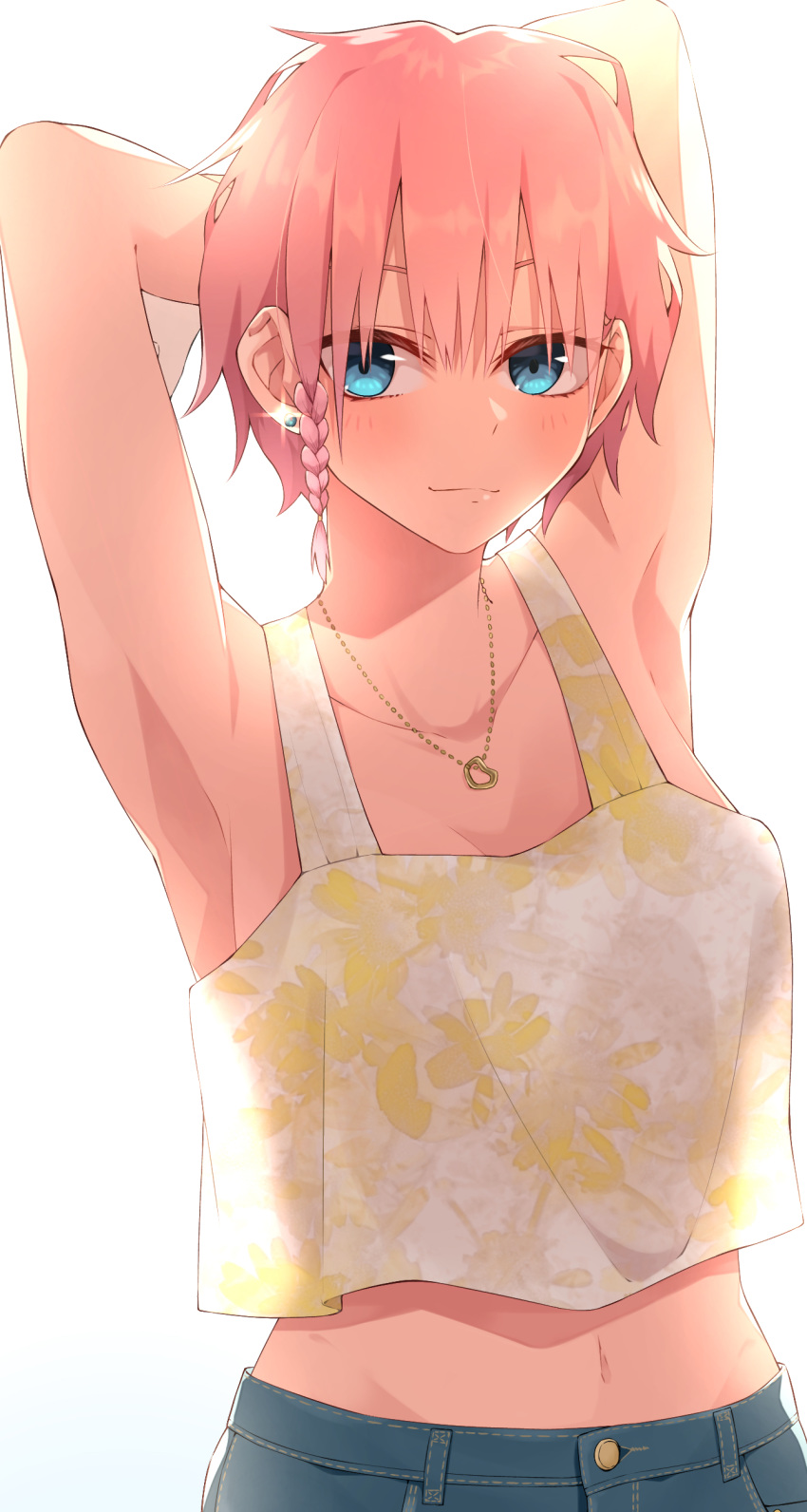 1girl absurdres alternate_hairstyle arms_behind_head blue_eyes blue_pants blush braid collarbone commentary_request earrings go-toubun_no_hanayome heart heart_necklace highres jewelry midriff nakano_ichika necklace pants pink_hair shirt short_hair side_braid sleeveless sleeveless_shirt solo tamago_sando upper_body white_background white_shirt