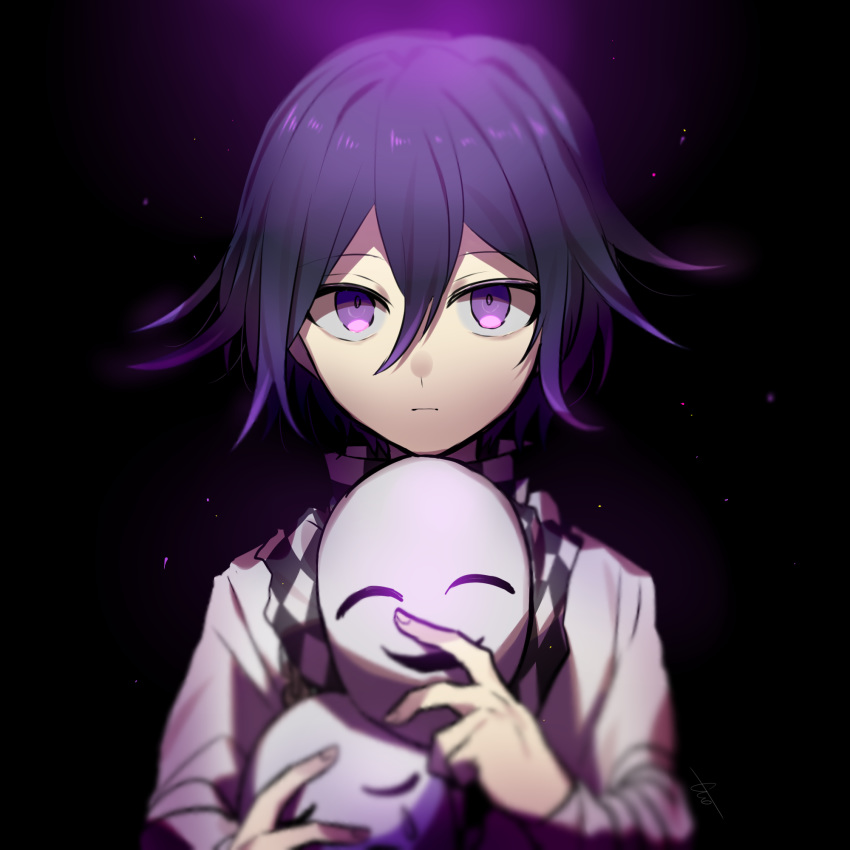 1boy black_background checkered checkered_scarf commentary_request dangan_ronpa frown hair_between_eyes highres holding holding_mask huyuharu0214 jacket long_sleeves looking_at_viewer male_focus mask new_dangan_ronpa_v3 ouma_kokichi purple_background purple_hair scarf solo straitjacket two-tone_background violet_eyes white_jacket